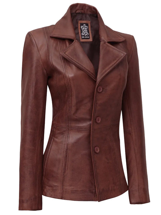 Women brown leather coat