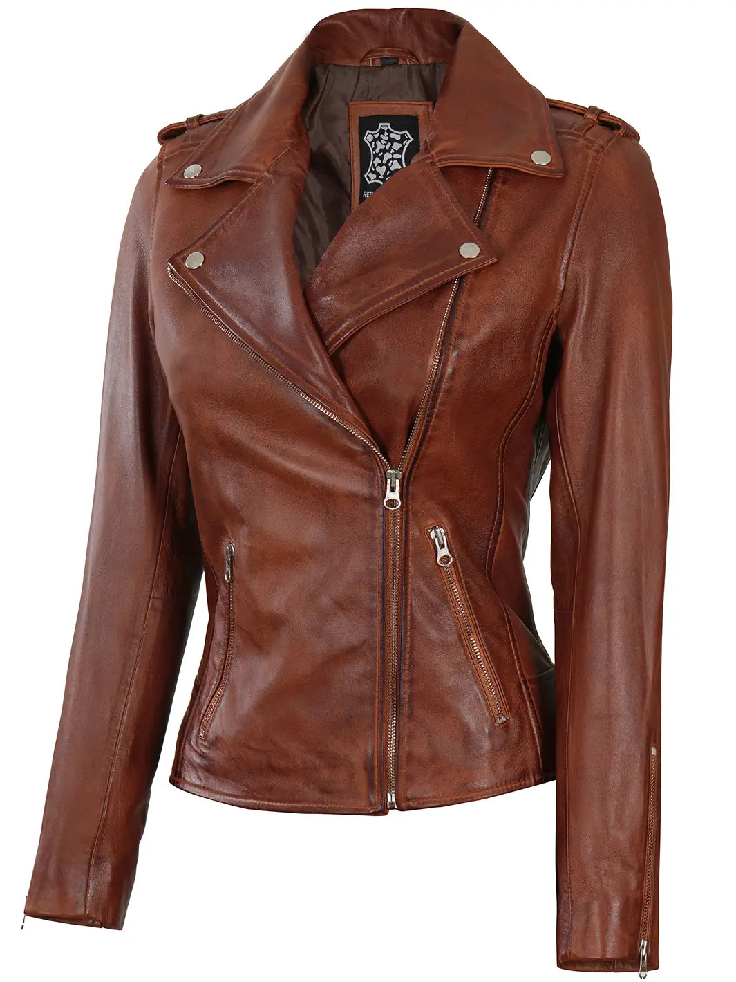 Women cognac biker leather jacket