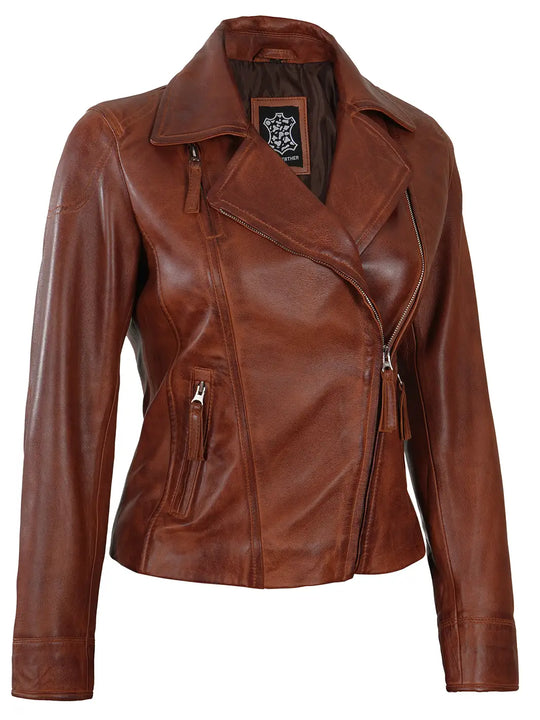 Women cognac motorcycle leather jacket