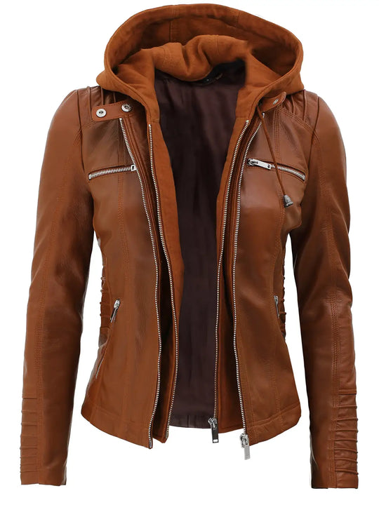 Women hooded leather jacket