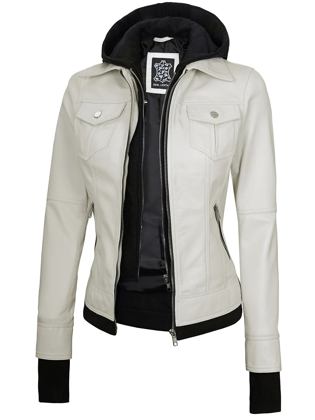 Wome leather jacket with hood