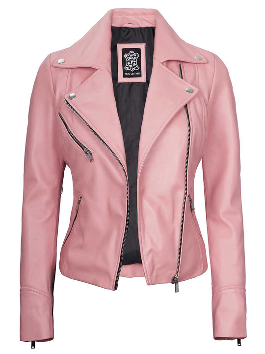 Women pink leather biker jacket