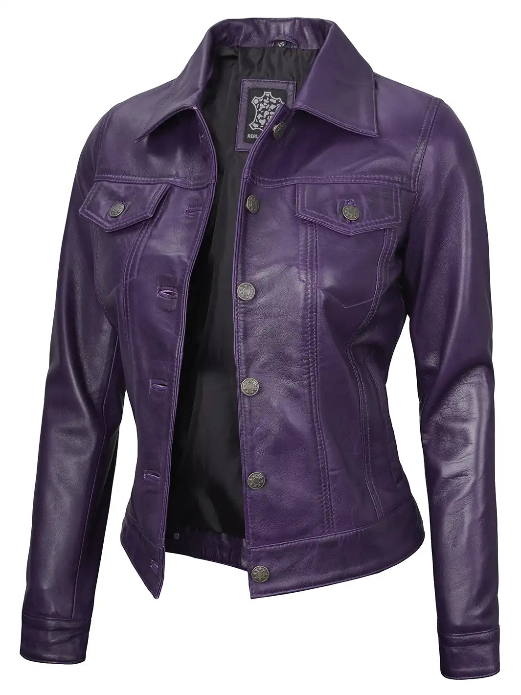 Women purple trucker leather jacket