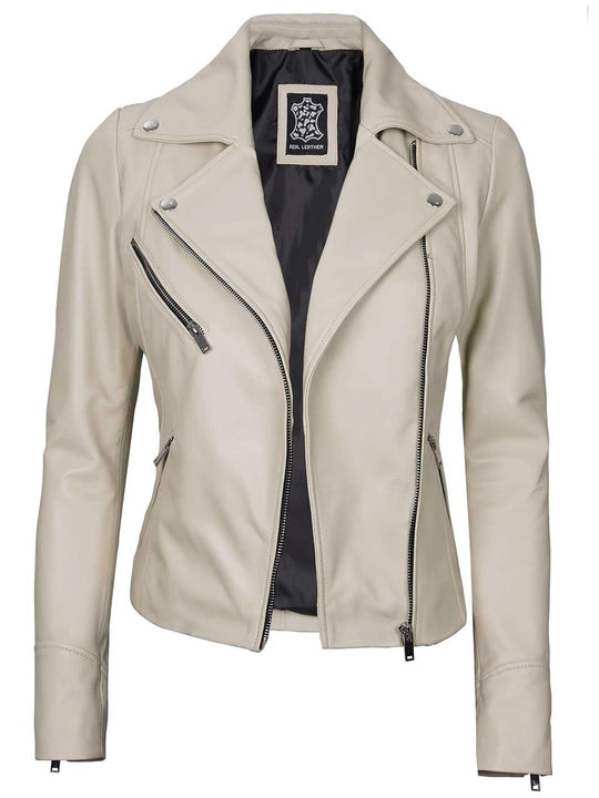Womens beige leather moto cycle jacket