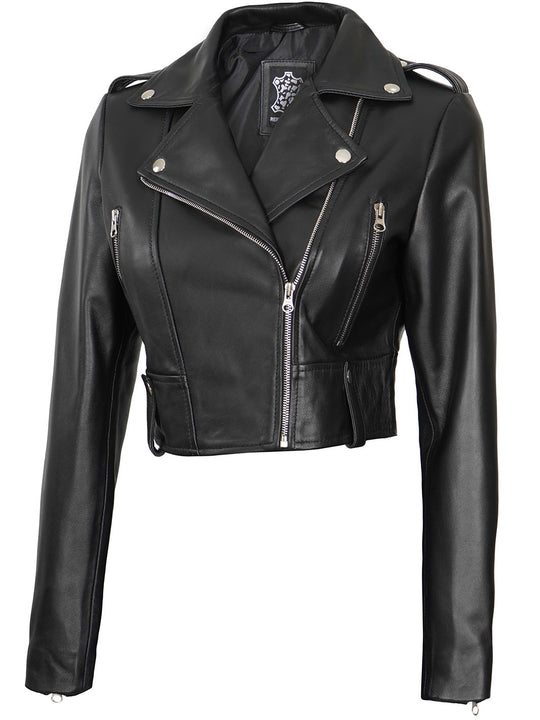 womens black cropped leather moto jacket