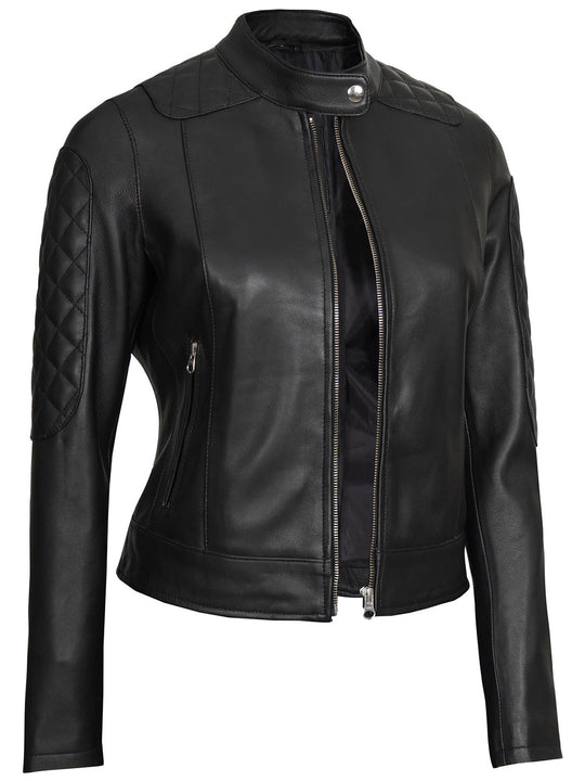 Erika Women's Black Quilted Biker Leather Jacket