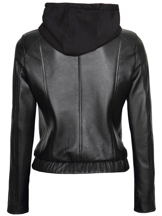 Raquel Womens Bomber Black Leather Jacket with Hood