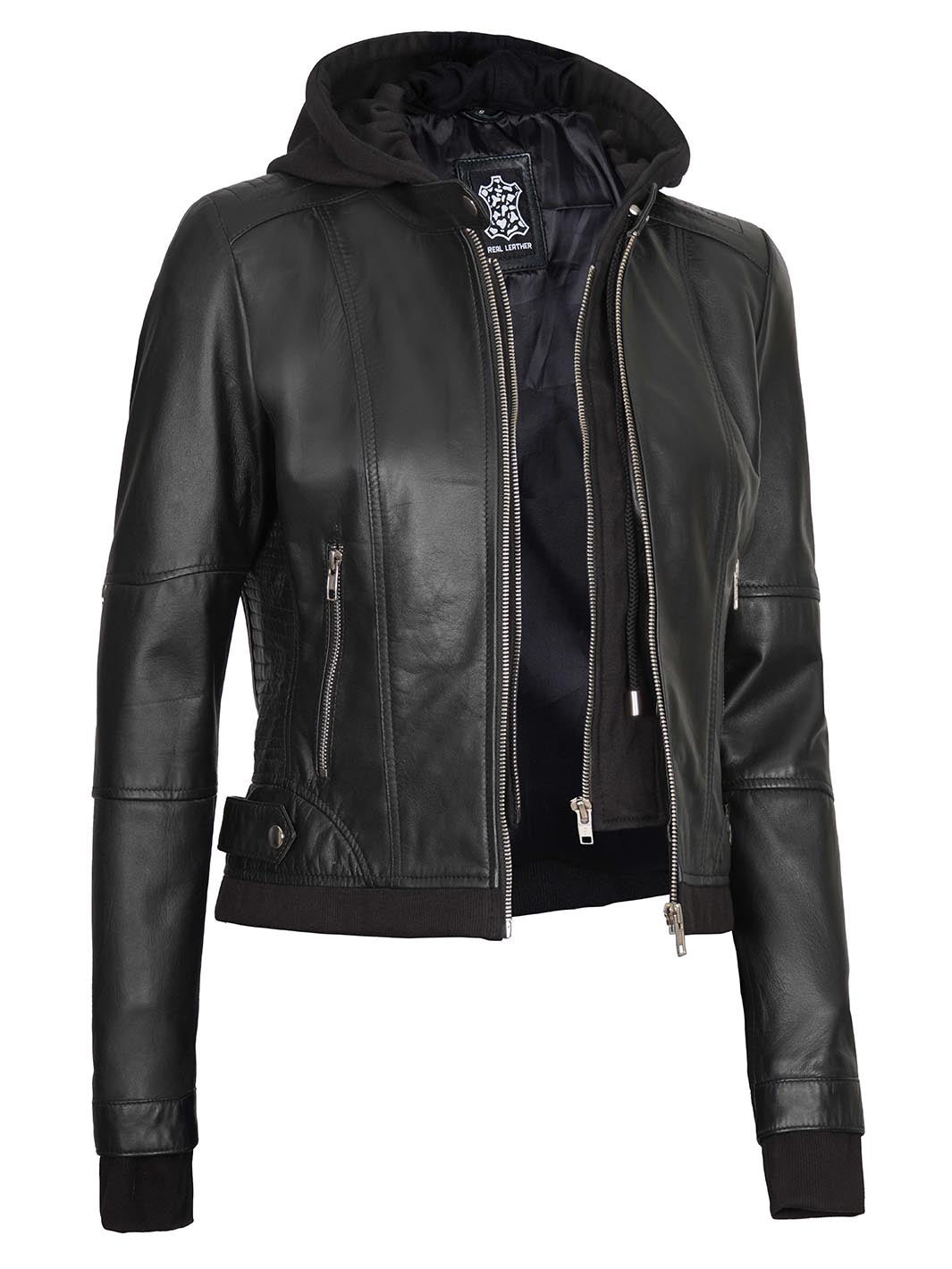 Womens Biker Black Leather Jacket With Hood