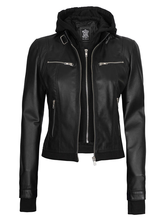 Womens Black Hooded Biker Leather Jacket