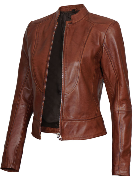Womens Cognac Cafe Leather Jacket