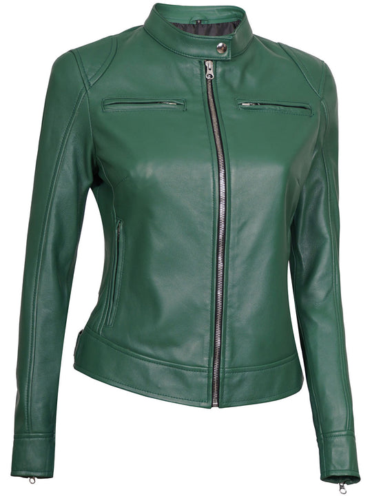 Dodge Women Green Motorcycle Leather Jacket