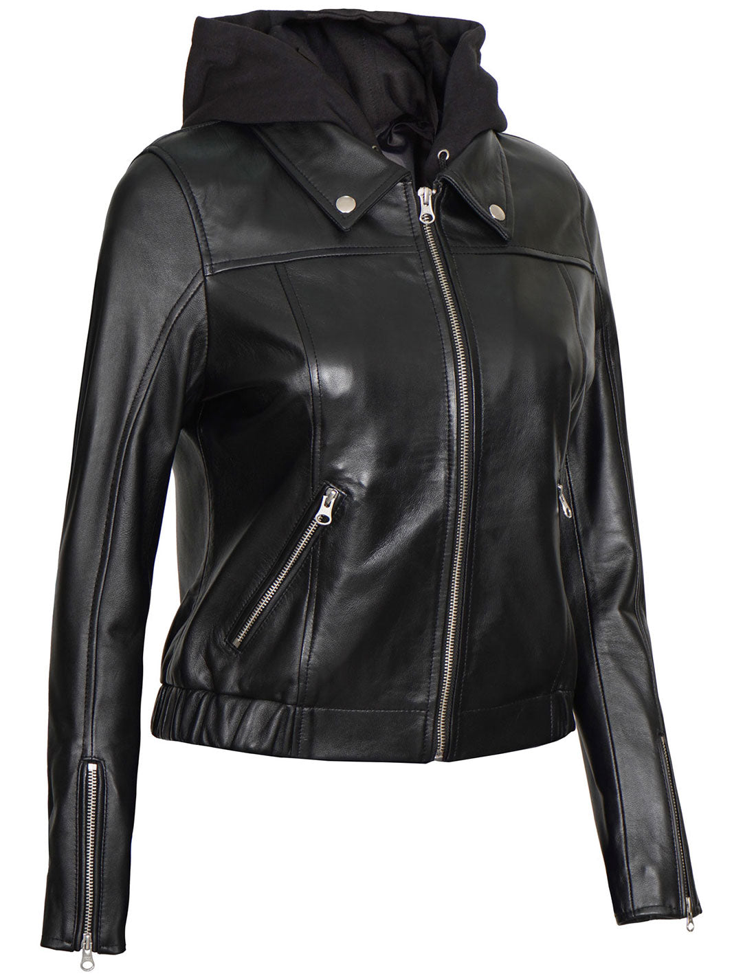 Raquel Womens Bomber Black Leather Jacket with Hood