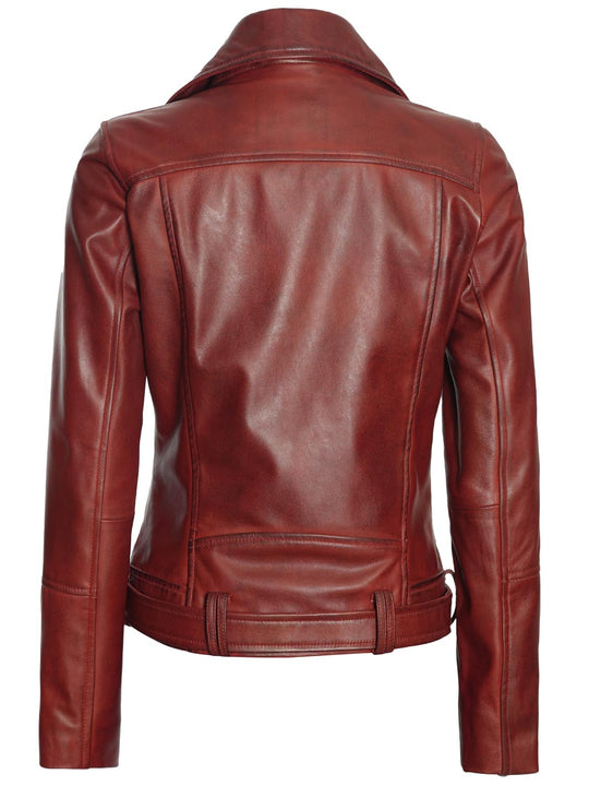 Elisa Womens Maroon Asymmetrical Motorcycle Leather Jacket