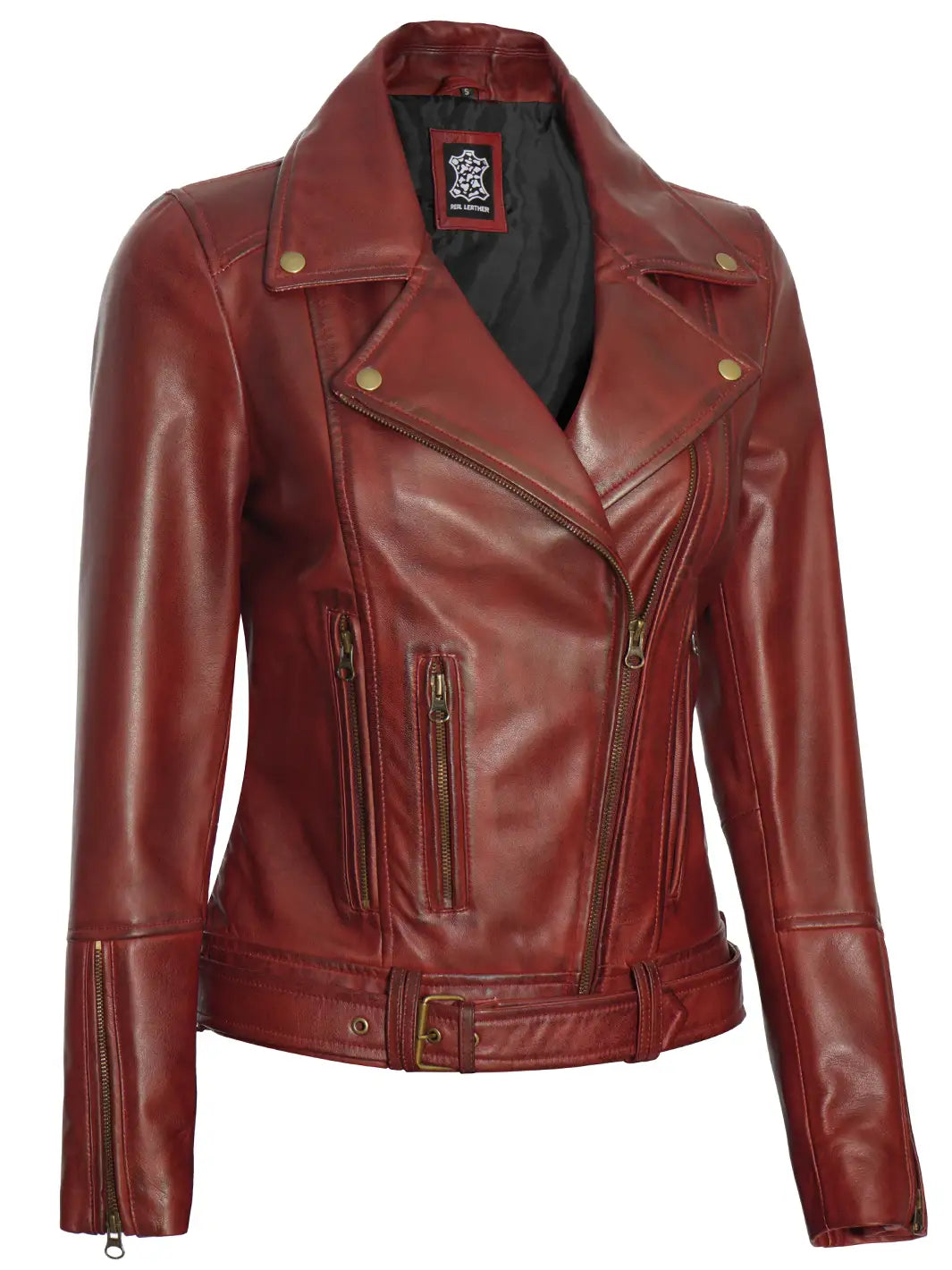 Womens maroon biker leather jacket
