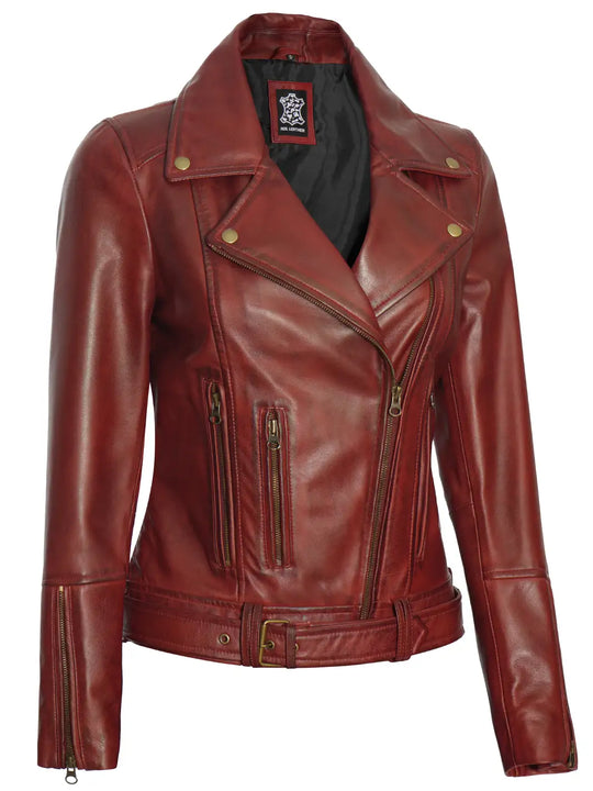 Womens maroon biker leather jacket
