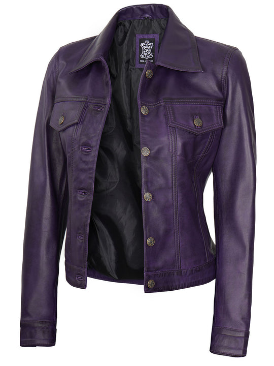Purple Womens Trucker Leather Jacket