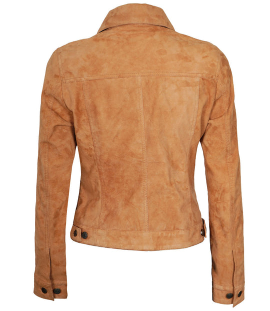 Women's Light Brown Suede Leather Trucker Jacket