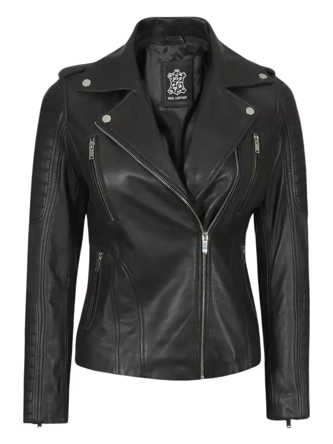 Womens Black Leather Biker Jacket With Removable Hood Decrum