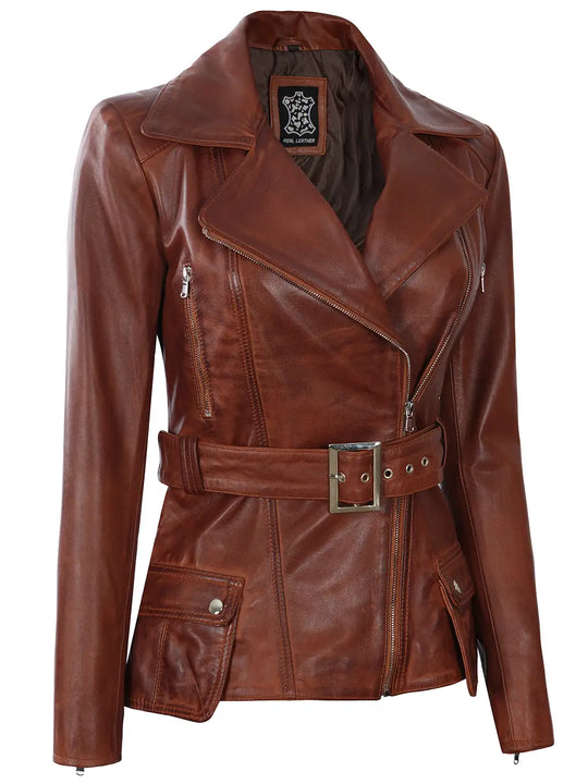 Women cognac brown leather jacket