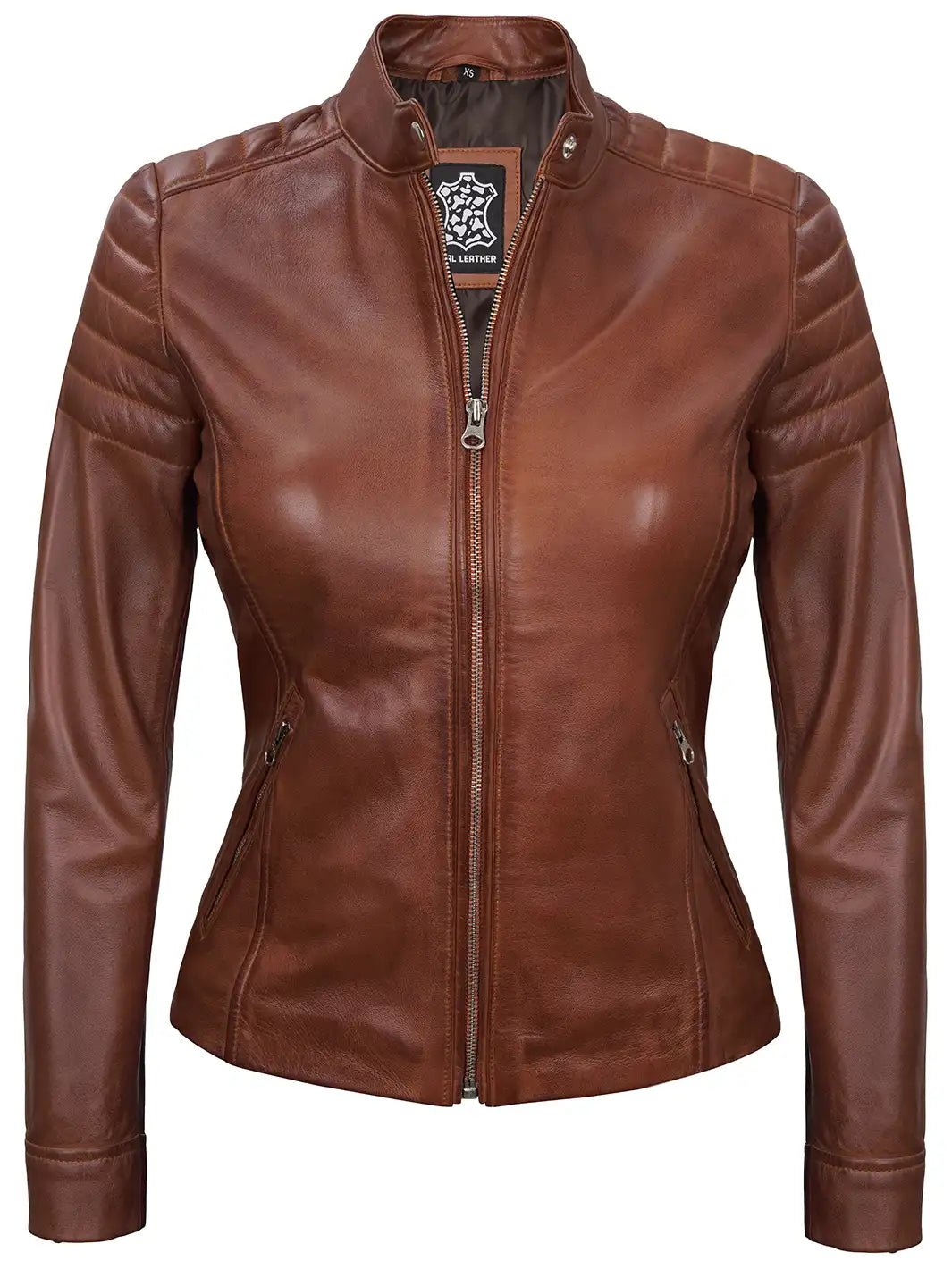 Women cognac cafe racer leather jacket
