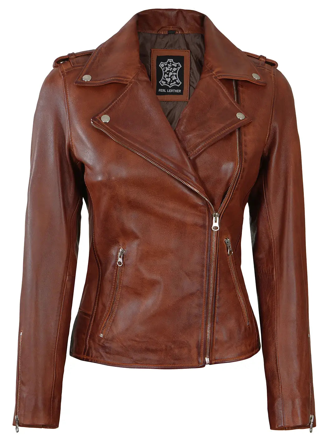 Women cognac leather biker jacket