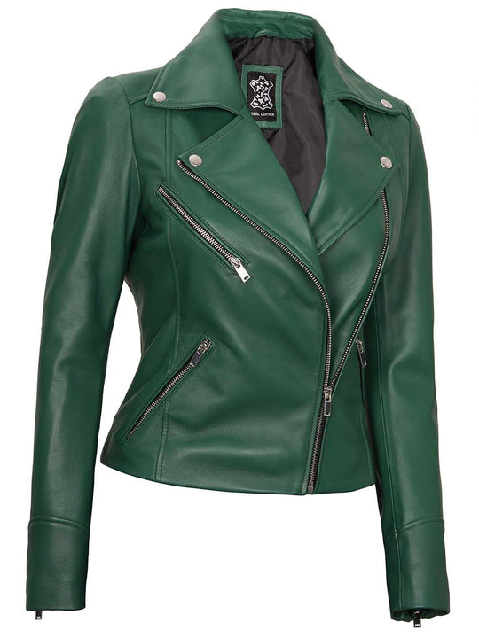 Womens green moto leather jacket