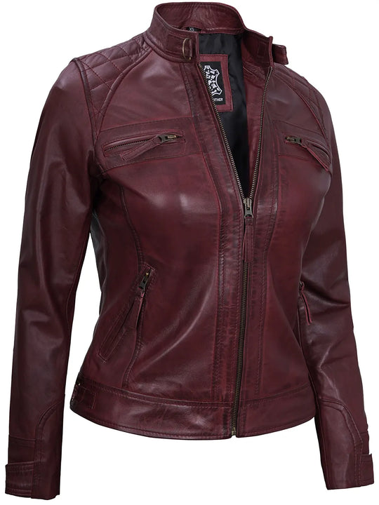 Womens maroon cafe racer leather jacket