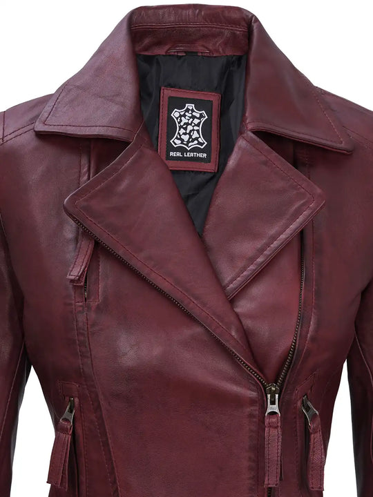 Womens maroon leather biker jacket