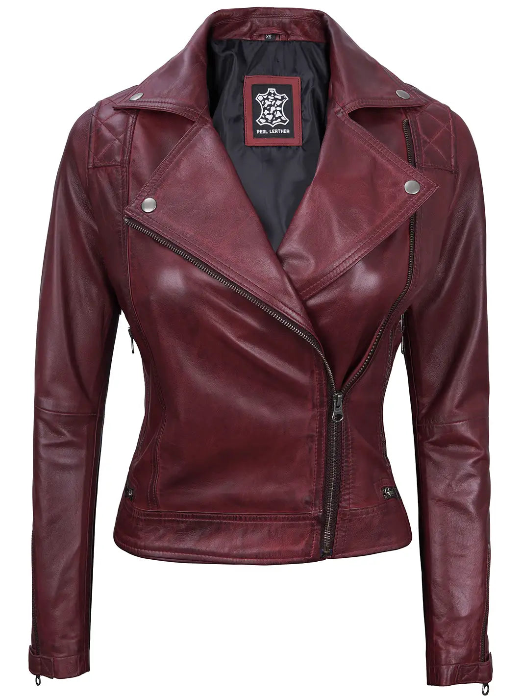 Womens maroon leather bikker jacket