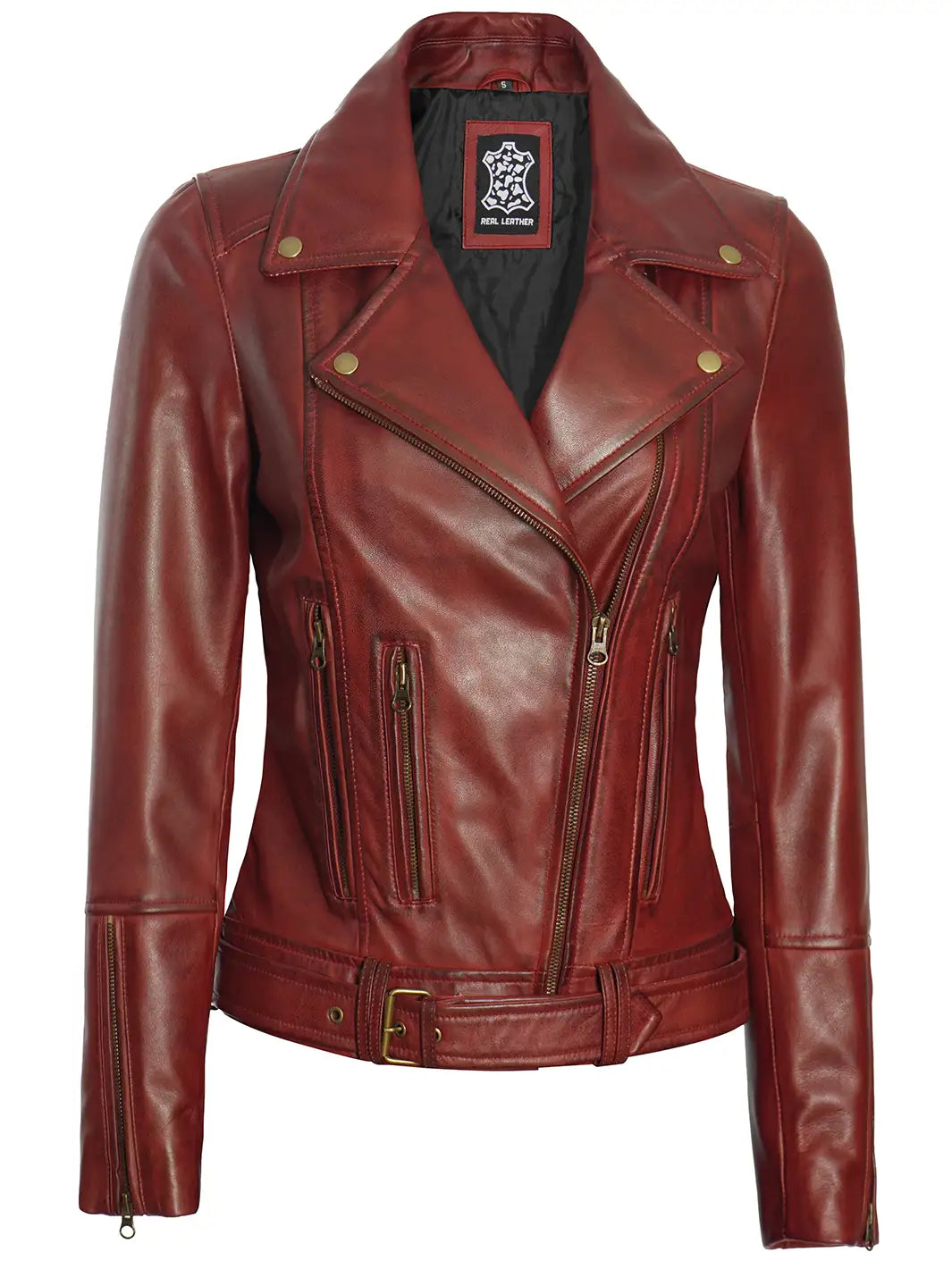 Womens maroon leather moto jacket