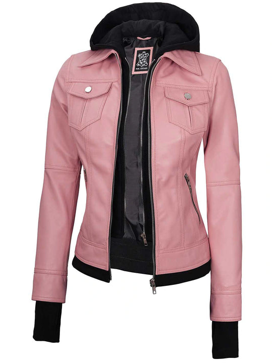 womens pink reeal leather jacket with hood