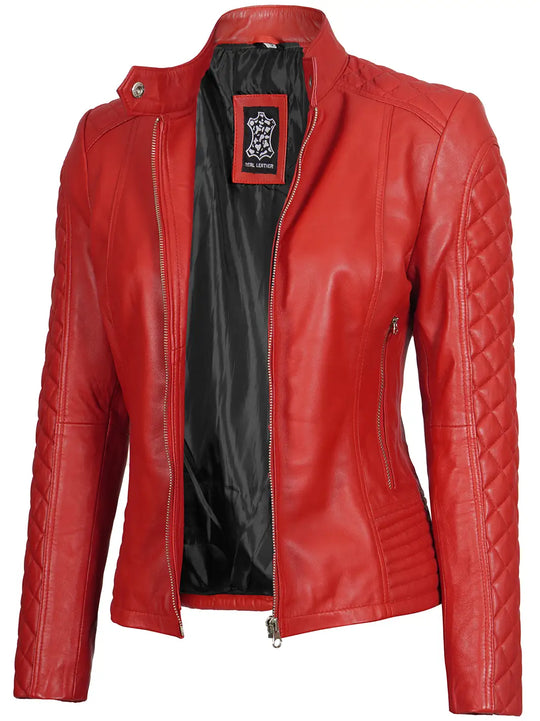 Womens red biker leather jacket