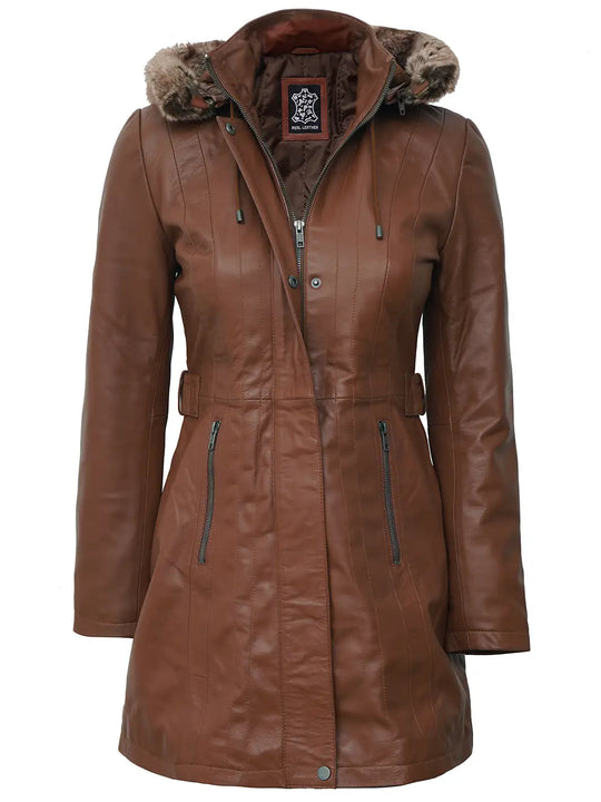Womens tan hooded leather coat