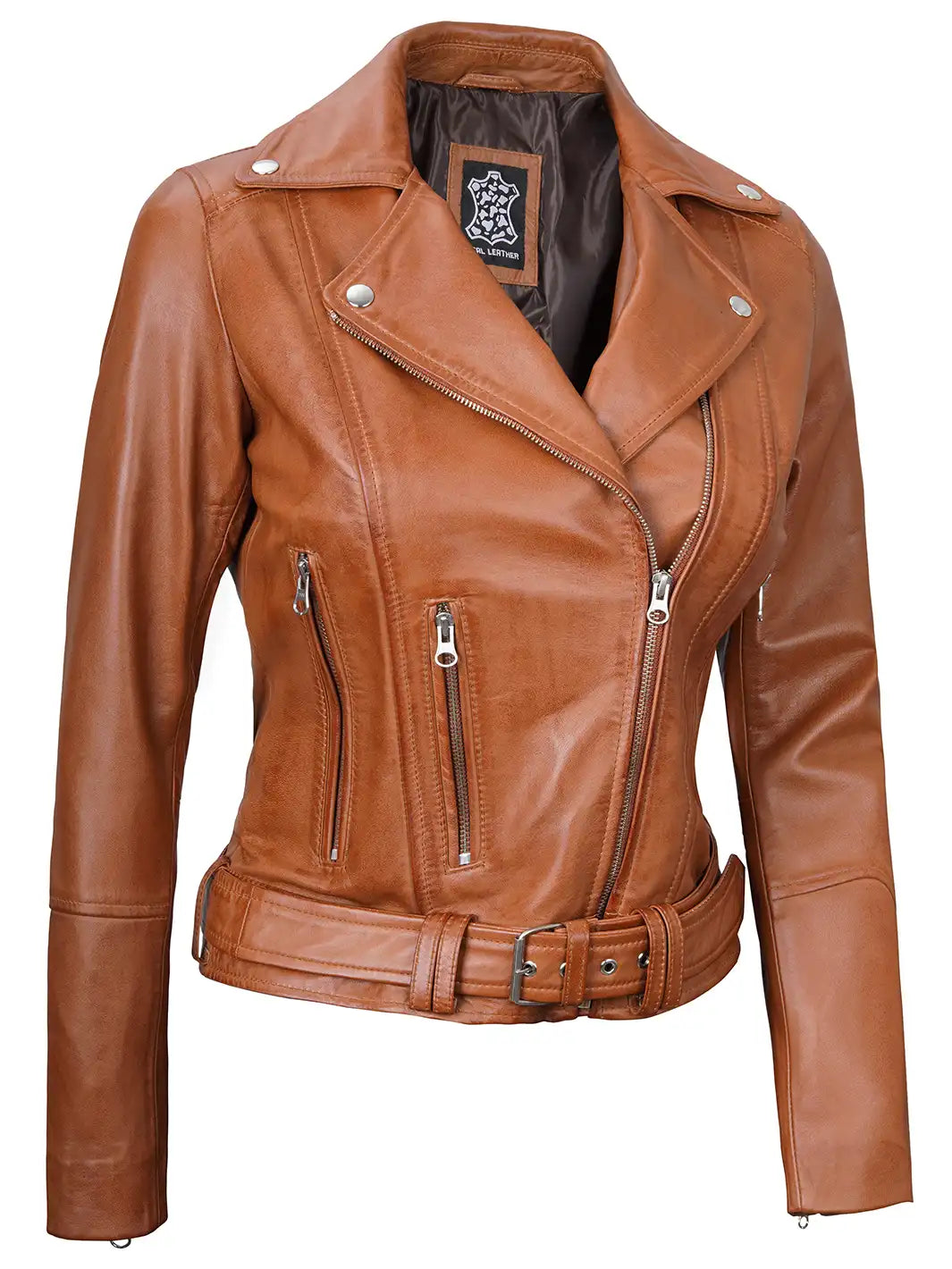 Women tan biker leather jacket