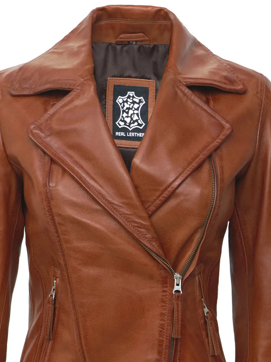 Women tan motorcycle leather jacket