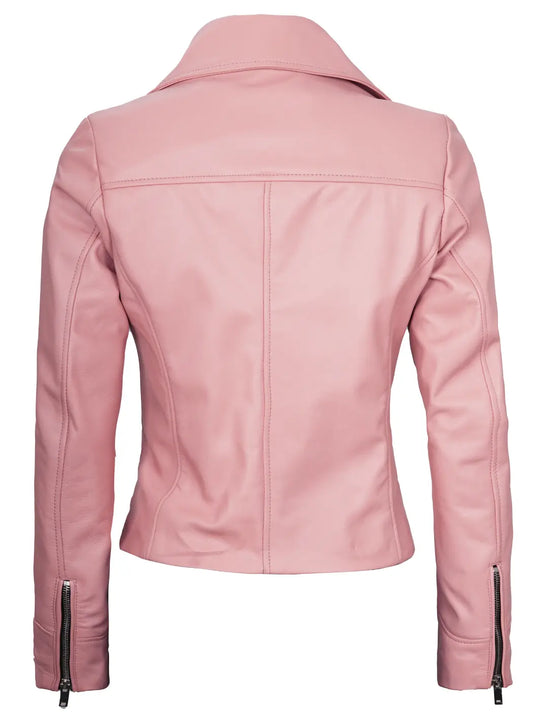 women pink leather jacket
