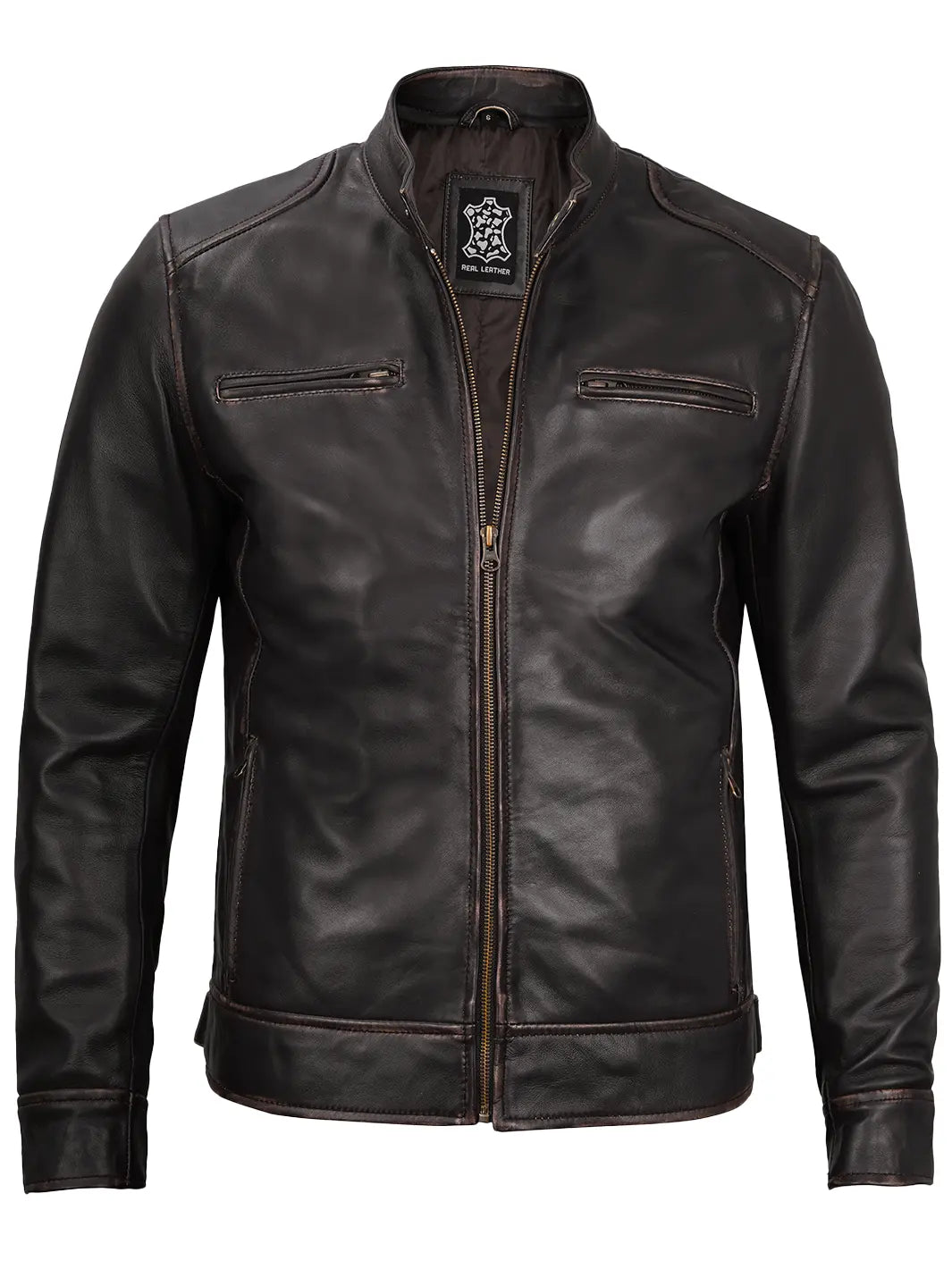 Cafe racer rub off real leather biker jacket