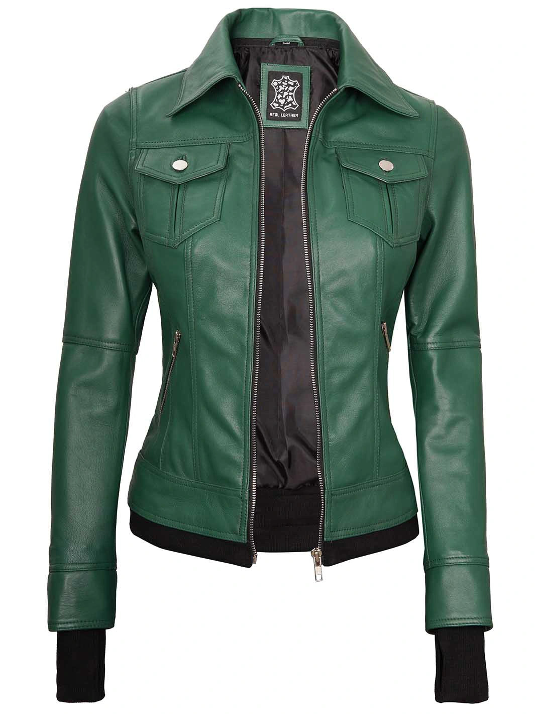 green hooded leather jacket for womens
