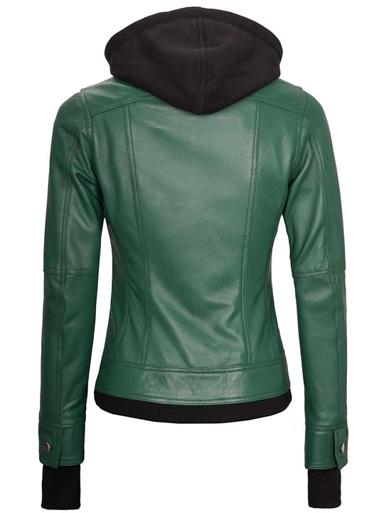 Womens green hooded leather jacket