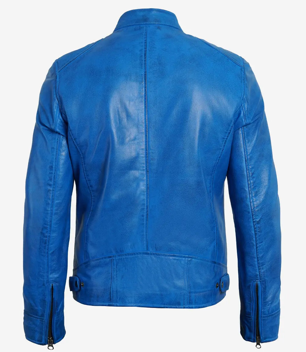 Mens Blue Leather Jacket – Cafe Racer Jacket – Decrum