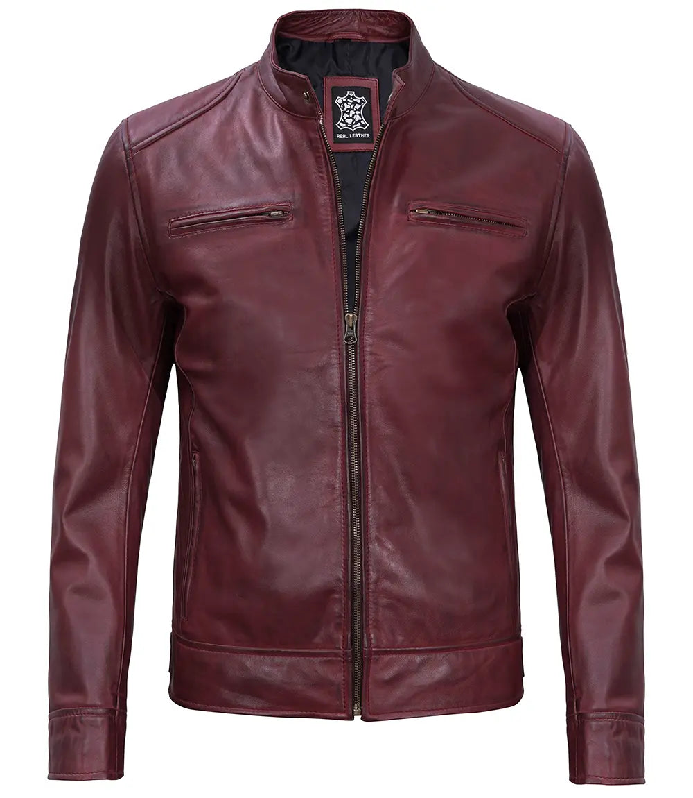 Mens Maroon Leather Jacket Cafe Racer Jacket Decrum