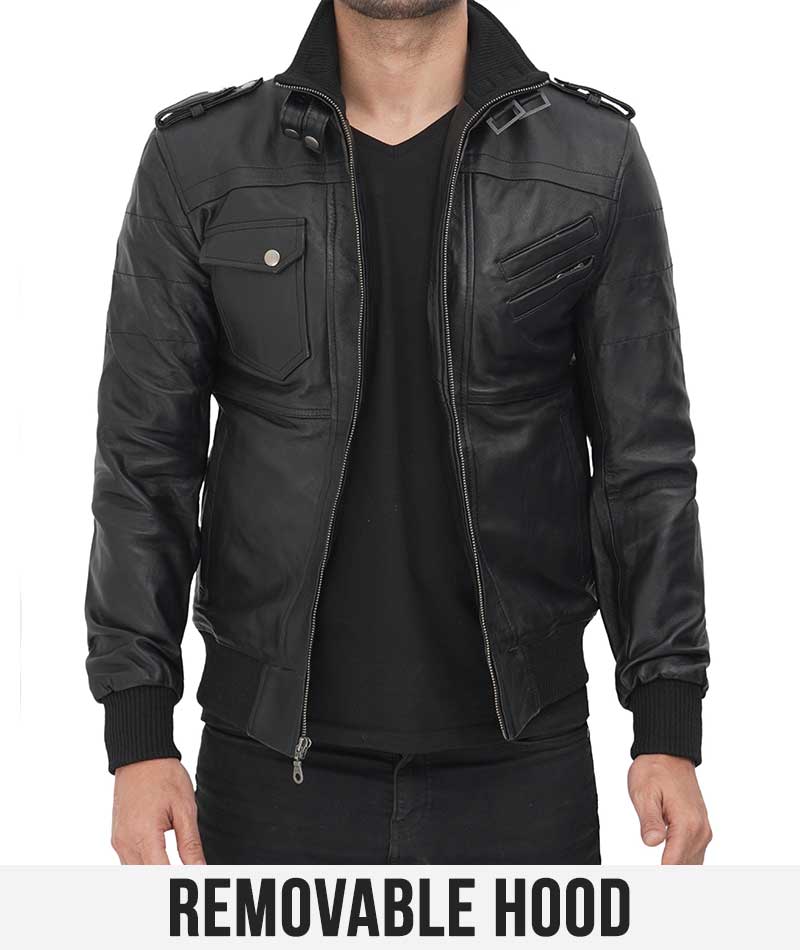 Edinburgh Tall Mens Black Leather Jacket with Removable Hoodie