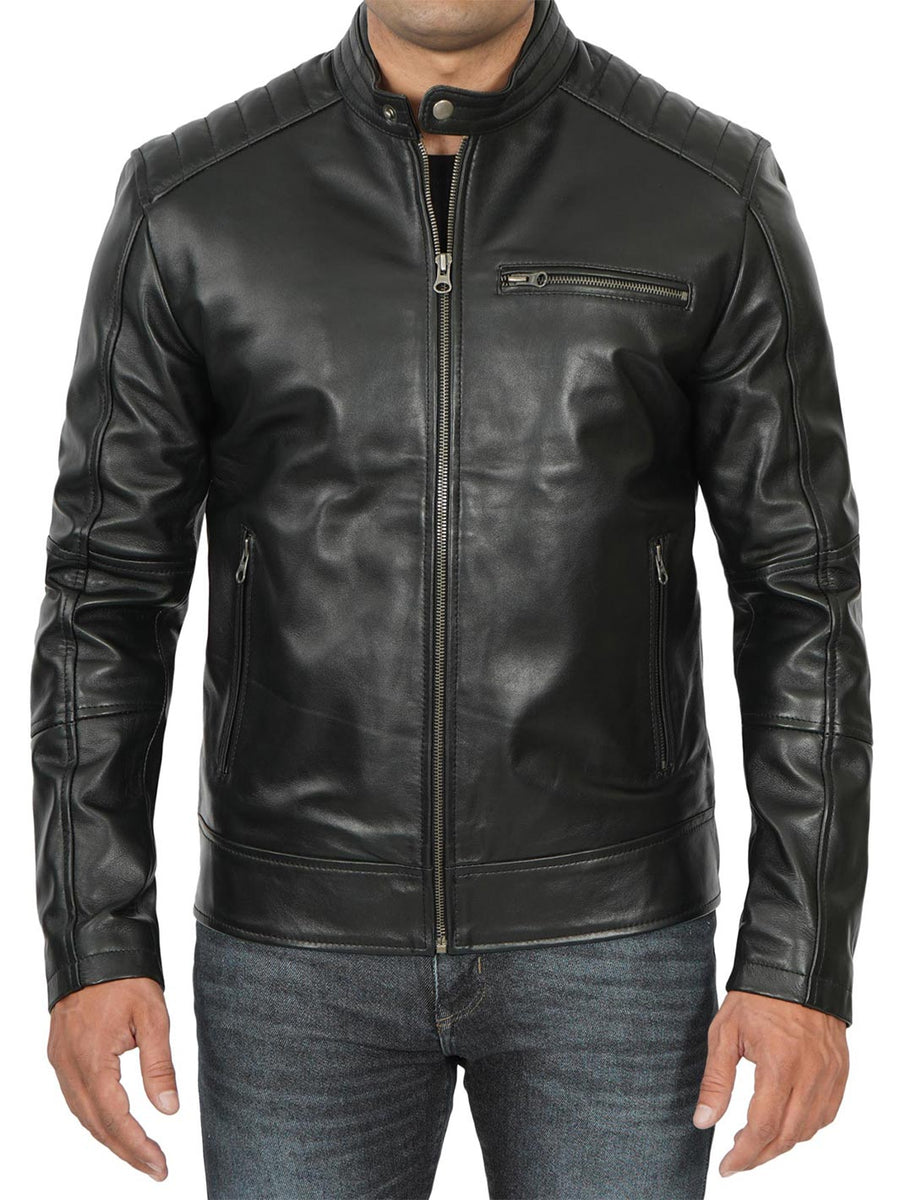 Everhart Men's Black Cafe Racer Leather Jacket | Moto Style – Decrum