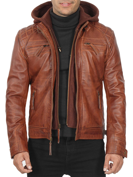 Mens hooded Leather Jacket