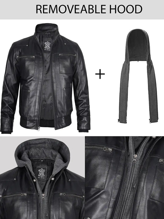 mens leather jacket removable hood