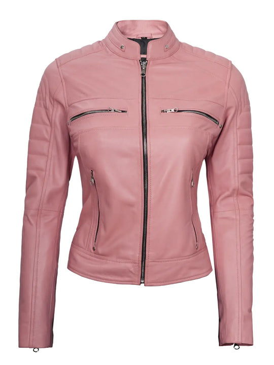 pink leather jacket womens
