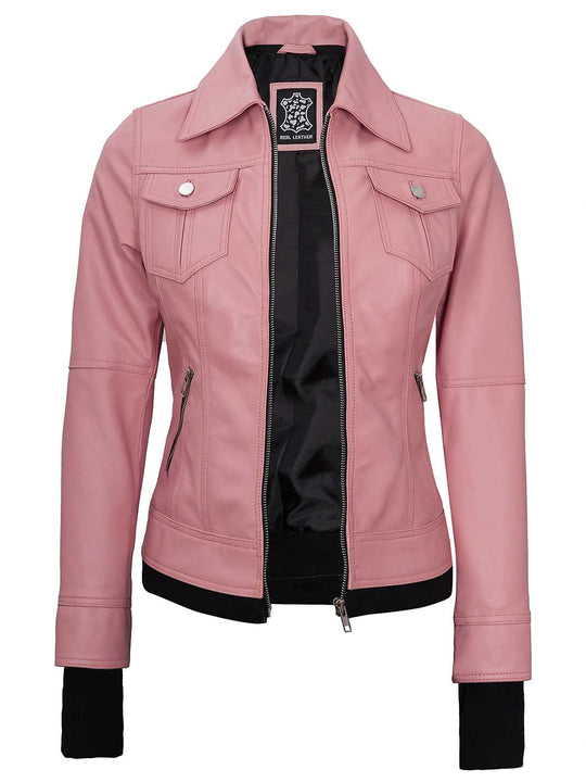 pink hooded leather jacket
