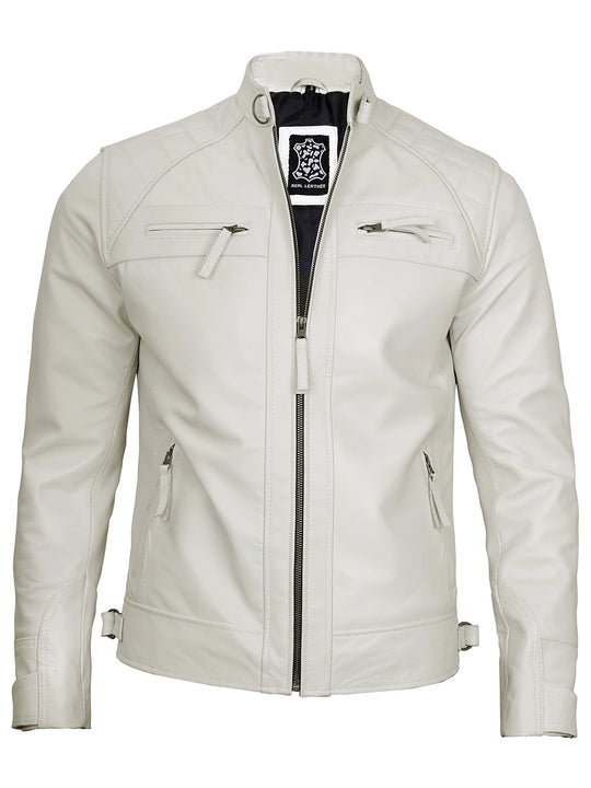 Real leather mens off white jacket