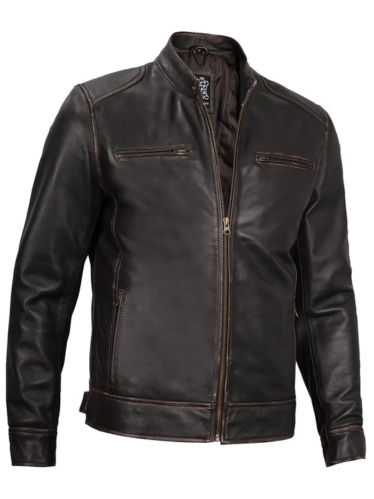 Dodge Mens Dark Brown Cafe Racer Leather Jacket