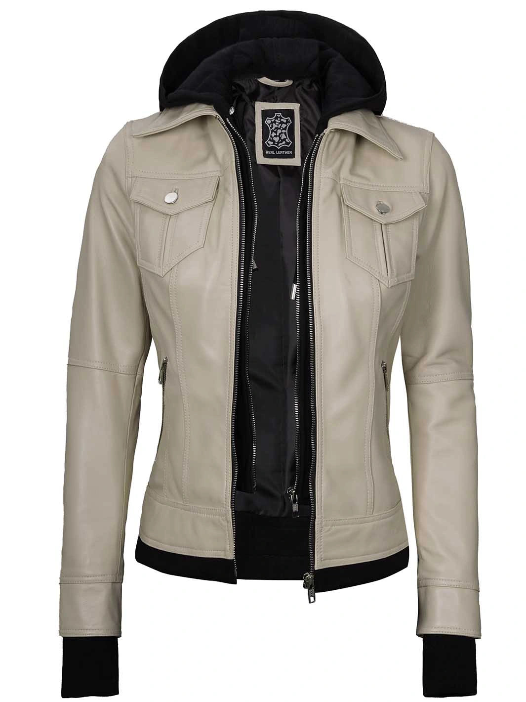 women beige leather hooded jacket